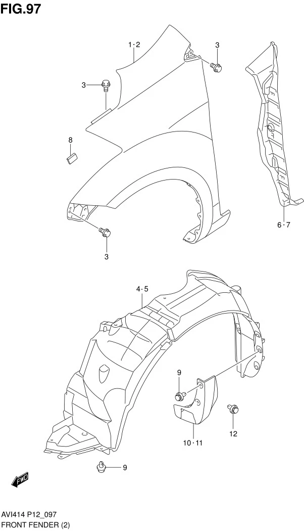 FIG.97 FRONT FENDER (TYPE 1, TYPE 2:GL,GX ; TYPE 3:GX)